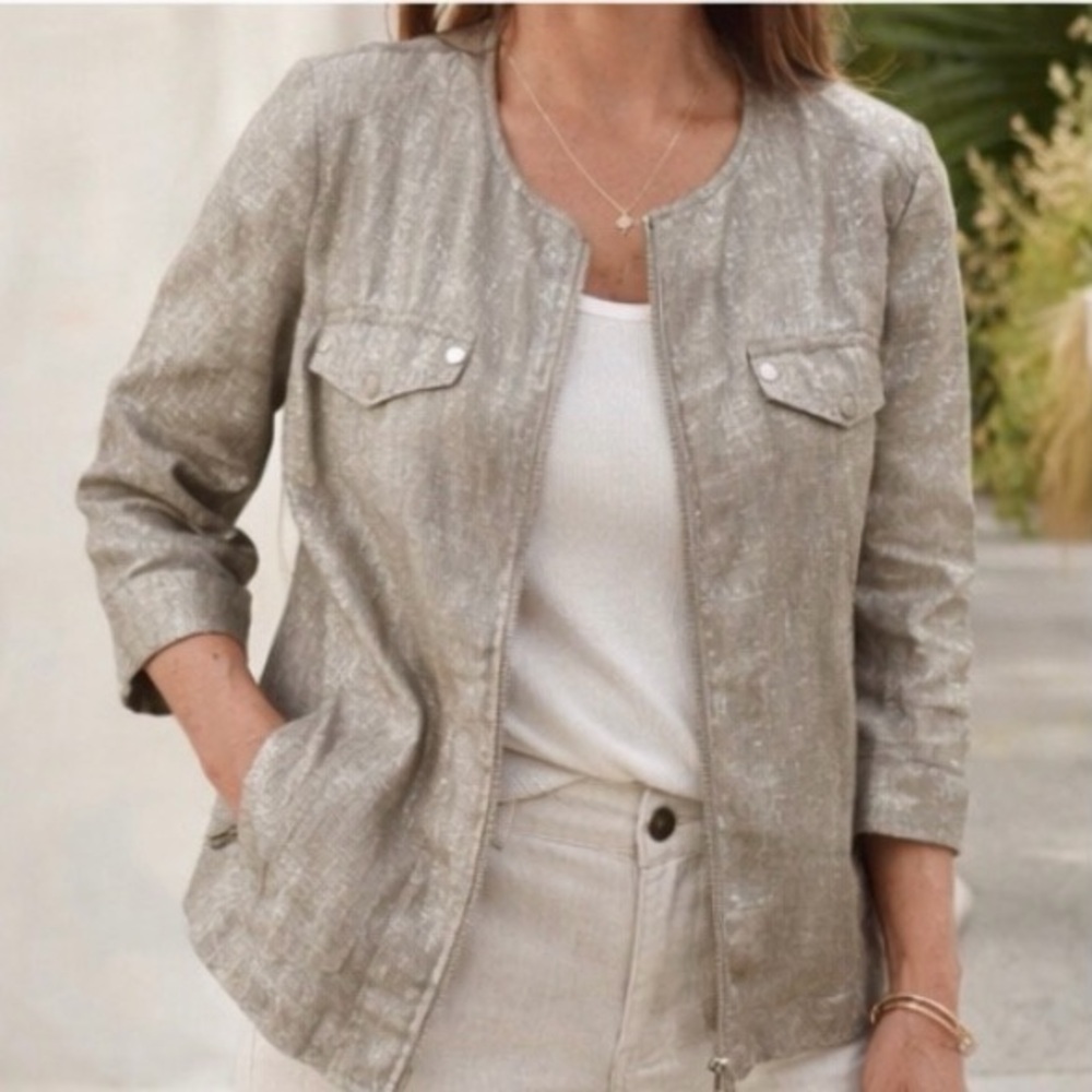 Chico’s Linen Jacket Size 0 Taupe Shimmer Open Front Zip Up Minimalist
